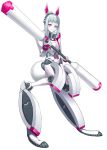  absurdres android animal_ears aqua_hair armor colored_skin digitigrade full_body highres hispol_(04-uma-alpha) holding holding_weapon joints looking_at_viewer original pink_eyes rabbit_ears rabbit_tail robot_joints science_fiction solo standing tail weapon white_background white_skin 