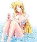  1girl bangs bikini black_bikini blonde_hair breasts cleavage closed_mouth collarbone eyebrows_visible_through_hair fate_testarossa hair_between_eyes highres long_hair looking_at_viewer lyrical_nanoha mahou_shoujo_lyrical_nanoha medium_breasts mismatched_bikini red_eyes shiny shiny_hair sitting smile solo sougetsu_izuki swimsuit very_long_hair water white_background white_bikini 