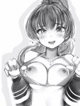  1girl :d bikini bikini_lift blush clothes_lift earrings greyscale hands_up heart heart_earrings heart_necklace highres hololive houshou_marine jacket jewelry lifted_by_self long_sleeves looking_at_viewer monochrome nanashi_(nlo) nipples official_alternate_costume open_mouth ponytail smile solo swimsuit upper_body virtual_youtuber 