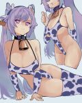  1girl animal_ears animal_print bell breasts cleavage cow_ears cow_print cowbell dismassd genshin_impact highleg highleg_swimsuit highres keqing_(genshin_impact) large_breasts navel purple_eyes purple_hair revealing_clothes solo swimsuit thighhighs twintails 
