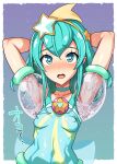  1girl aqua_choker aqua_eyes aqua_hair aqua_shirt armpits arms_behind_head blush breasts covered_navel covered_nipples cum cum_in_clothes cum_on_armpits cure_milky denki_showgun earrings hagoromo_lala hair_ornament hairband hands_up highres jewelry looking_at_viewer medium_hair open_mouth pointy_ears precure presenting_armpit shirt small_breasts solo star-shaped_pupils star_(symbol) star_earrings star_hair_ornament star_twinkle_precure sweat symbol-shaped_pupils upper_body yellow_hairband 