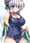  1girl bangs black_hairband black_swimsuit breasts cleavage closed_mouth cowboy_shot eyebrows_visible_through_hair green_eyes grey_hair hairband konpaku_youmu konpaku_youmu_(ghost) large_breasts looking_at_viewer navel one-piece_swimsuit ryokushiki_(midori-ya) school_swimsuit short_hair simple_background smile solo swimsuit touhou white_background 