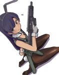  1girl animal_ears assault_rifle black_leotard blue_hair brown_eyes ch2haya_p character_name closed_mouth combat_knife commentary detached_collar dutch_angle fake_animal_ears fake_tail feet flat_chest from_above from_side full_body gloves gun holding holding_gun holding_weapon idolmaster idolmaster_(classic) kisaragi_chihaya kneeling knife leotard long_hair looking_to_the_side pantyhose playboy_bunny rabbit_ears rabbit_tail rifle sideways_glance simple_background solo strapless strapless_leotard symbol-only_commentary tactical_clothes tactical_playboy_bunny tail toes weapon white_background white_gloves white_wrist_cuffs wrist_cuffs 