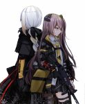  2girls absurdres alternate_hair_color assault_rifle braid braided_ponytail brown_hair commentary_request corruption girls&#039;_frontline gloves gun h&amp;k_ump h&amp;k_ump45 highres long_hair m16 m16a1 m16a1_(boss)_(girls&#039;_frontline) mechanical_arms mod3_(girls&#039;_frontline) multiple_girls rifle sangvis_ferri shadow71580825 single_mechanical_arm submachine_gun suppressor ump45_(girls&#039;_frontline) weapon white_hair 