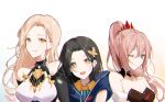  3girls armor back_cutout bangs bird black_hair blue_eyes breasts brown_hair cleavage closed_mouth clothing_cutout dress eyebrows_visible_through_hair fuune gold_neckwear hair_between_eyes hair_ornament highres kisara_(tales) lace_sleeves long_hair long_sleeves looking_at_viewer medium_breasts multicolored_hair multiple_girls open_mouth owl pink_hair ponytail rinwell_(tales) shionne_(tales) short_hair shoulder_armor sidelocks simple_background smile tales_of_(series) tales_of_arise very_long_hair white_dress 