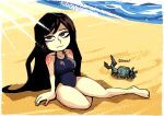  1girl bare_shoulders beach black_hair blue_eyes border brachyura breasts castlevania castlevania:_order_of_ecclesia closed_mouth commentary covered_navel crab day english_commentary expressionless eyebrows_visible_through_hair full_body gothic long_hair looking_at_viewer monster navel ocean one-piece_swimsuit outdoors sand school_swimsuit setz shanoa simple_background sitting solo swimsuit tattoo very_long_hair water white_border yokozuwari 