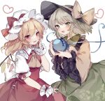  2girls :d ascot bangs black_headwear blonde_hair blush bow commentary crystal eyebrows_visible_through_hair fang flandre_scarlet flat_chest floral_print frilled_shirt_collar frills green_eyes green_hair green_skirt hair_between_eyes hand_on_own_cheek hand_on_own_face hand_up hat hat_bow heart heart_of_string holding komeiji_koishi long_hair long_sleeves looking_at_viewer medium_hair mob_cap multiple_girls open_mouth parted_lips puffy_short_sleeves puffy_sleeves red_bow red_eyes red_skirt red_vest shirt short_sleeves simple_background skirt smile sorani_(kaeru0768) third_eye touhou vest white_background white_headwear wide_sleeves wings wrist_cuffs yellow_ascot yellow_bow yellow_shirt 