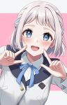  1girl absurdres blue_eyes blue_ribbon blush commentary fingers_to_cheeks gakuen_idolmaster grey_hair hair_ribbon half_up_braid hatsuboshi_gakuen_school_uniform highres idolmaster jacket katsuragi_lilja letterboxed long_sleeves looking_at_viewer miyuki_kotori neck_ribbon ribbon ribbon_braid school_uniform shirt short_hair smile solo upper_body white_jacket white_shirt 