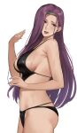  1girl alternate_costume bikini black_bikini black_swimsuit breasts brown_eyes circlet fire_emblem fire_emblem_echoes:_shadows_of_valentia from_side hand_up highres j@ck large_breasts long_hair medium_breasts open_mouth purple_hair sideboob simple_background skindentation smile sonya_(fire_emblem) straight_hair strap_gap swimsuit very_long_hair wet white_background 