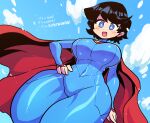  1girl :d black_hair blue_bodysuit blue_eyes blue_sky blush bodysuit breasts bright_pupils cape dc_comics floating genderswap genderswap_(mtf) hand_on_hip highres jaggy_line large_breasts looking_down narrow_waist open_mouth rariatto_(ganguri) red_cape skin_tight sky smile solo superhero superman superman_(series) superwoman thick_thighs thighs white_pupils 
