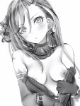  1girl bare_shoulders belt blush breasts cross cross_earrings earrings elbow_gloves gloves greyscale hair_between_eyes highres jewelry kurusu_natsume long_hair looking_at_viewer monochrome nanashi_(nlo) nijisanji nipples parted_lips simple_background small_breasts solo unzipping virtual_youtuber white_background 