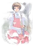  1girl book brown_eyes brown_hair closed_mouth dress gundam highres juliet_sleeves long_sleeves looking_at_viewer official_art puffy_sleeves short_hair sitting sochie_heim solo turn_a_gundam yasuda_akira 