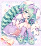  1girl :d animal animal_ears animal_slippers ass bangs blue_bow blue_eyes blush bow bunny bunny_slippers commentary_request diagonal_stripes drill_hair eyebrows_visible_through_hair frilled_skirt frills green_footwear green_hair hand_up heart highres kneehighs long_hair looking_at_viewer loose_socks lying miruku_(cutesuu) on_side open_mouth original puffy_short_sleeves puffy_sleeves purple_legwear purple_skirt rabbit_ears shirt short_sleeves skirt slippers smile solo striped striped_background suspender_skirt suspenders usashiro_mani very_long_hair white_shirt wrist_cuffs 
