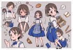  2girls ai_nige apron ara_ara back_bow baguette bakery bare_legs black_hair blue_skirt blush bow bowtie bread bread_slice croissant cropped_legs cropped_torso embarrassed flying_sweatdrops food full-face_blush full_body highres idolmaster idolmaster_cinderella_girls looking_at_viewer mother_and_daughter multiple_girls multiple_views musical_note notice_lines plaid plaid_apron polka_dot polka_dot_background sasaki_chie sasaki_chie&#039;s_mother shop short_hair skirt smile speech_bubble waitress 