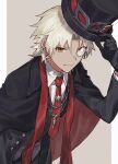  1boy amakusa_shirou_(fate) black_gloves black_suit brown_eyes closed_mouth dark-skinned_male dark_skin earrings fate/apocrypha fate/grand_order fate_(series) formal gloves hat hat_ornament holding holding_clothes holding_hat jewelry key_necklace looking_at_viewer male_focus menma222 monocle necklace necktie official_alternate_costume phantom_thief_amakusa_shirou short_hair solo suit top_hat upper_body white_hair 