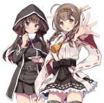  2girls ahoge bare_shoulders belt belt_buckle black_capelet black_dress black_legwear black_skirt braid brown_belt brown_eyes brown_hair buckle capelet closed_mouth cosplay costume_switch cowboy_shot cup detached_sleeves dress eyebrows_visible_through_hair grey_eyes hairband headgear holding holding_cup hood hooded_capelet japanese_clothes kantai_collection kongou_(kancolle) kongou_(kancolle)_(cosplay) long_hair long_sleeves multiple_girls nontraditional_miko odawara_hakone open_mouth pleated_skirt ribbon-trimmed_sleeves ribbon_trim shinshuu_maru_(kancolle) shinshuu_maru_(kancolle)_(cosplay) simple_background skirt smile tareme thighhighs tsurime twin_braids white_background wide_sleeves 