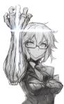  1girl :/ breast_pocket breasts closed_mouth denki_showgun frown glasses greyscale hand_up highres jacket looking_at_viewer medium_breasts monochrome necktie organ_divider perky_breasts pocket semi-rimless_eyewear serious simple_background sketch small_breasts solo toda_(organ_divider) under-rim_eyewear upper_body white_background 