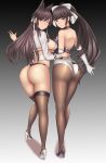  2girls absurdres ass atago_(azur_lane) atago_(stunning_speedster)_(azur_lane) azur_lane bikini black_background black_footwear black_hair black_legwear bow breasts brown_eyes commentary_request elbow_gloves extra_ears from_behind full_body gloves gradient gradient_background grey_background hair_flaps high_heels highres large_breasts leotard lips long_hair looking_at_viewer looking_back md5_mismatch multicolored_leotard multiple_girls official_alternate_costume one_eye_closed pantyhose parted_lips ponytail race_queen rakuri_(rwrn5475) ribbon shrug_(clothing) strapless strapless_leotard swimsuit takao_(azur_lane) takao_(full_throttle_charmer)_(azur_lane) thighhighs thong_bikini two-tone_bikini two-tone_leotard white_bow white_footwear white_gloves white_ribbon wrist_cuffs 
