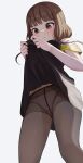  1girl ass_visible_through_thighs bangs black_legwear blunt_bangs breasts brown_eyes brown_hair clothes_lift commentary dress dress_lift eyebrows_visible_through_hair from_below highres hiroki_(yyqw7151) iino_miko kaguya-sama_wa_kokurasetai_~tensai-tachi_no_renai_zunousen~ legs_apart lifted_by_self light_blush looking_down low_twintails panties panties_under_pantyhose pantyhose parted_lips school_uniform short_sleeves shuuchiin_academy_uniform simple_background small_breasts standing thighs twintails underwear 