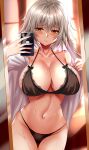  1girl absurdres bangs bare_shoulders black_bra black_panties blush bra breasts cellphone cleavage fate/grand_order fate_(series) highres jeanne_d&#039;arc_(alter)_(fate) jeanne_d&#039;arc_(fate) kuro_(tbm9187) large_breasts long_hair long_sleeves looking_at_viewer mirror navel off_shoulder panties phone reflection shirt silver_hair solo sweat thighs underwear white_shirt yellow_eyes 