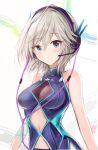  1girl anastasia_(idolmaster) bangs bare_shoulders blue_eyes breasts cable cleavage clothing_cutout cutout_below_navel eyebrows_visible_through_hair grey_hair headphones idolmaster idolmaster_cinderella_girls light_blush looking_at_viewer medium_breasts medium_hair microphone nannacy7 navel navel_cutout simple_background sleeveless smile solo upper_body white_background 