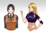  2girls absurdres black_hair blonde_hair blue_eyes breasts brown_eyes cleavage_cutout closed_mouth clothing_cutout collared_shirt crop_top cropped_torso crossover densetsu_no_yuusha_no_densetsu fax61209 ferris_eris gradient gradient_background green_necktie grey_background hair_intakes hand_on_hip highres kidou_keisatsu_patlabor long_hair looking_at_viewer medium_breasts midriff multiple_girls nagumo_shinobu navel necktie shiny shiny_hair shirt short_hair smile stomach white_background white_shirt wing_collar 