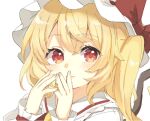  1girl blonde_hair bow flandre_scarlet hands_up hat hat_bow looking_at_viewer mob_cap one_side_up paragasu_(parags112) red_bow red_eyes shirt smile solo touhou white_background white_headwear white_shirt wings 