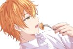  1boy bangs blonde_hair blush eating food fork green_eyes highres holding holding_fork male_focus multicolored_hair open_mouth orange_hair project_sekai sekina shinonome_akito shirt short_hair solo teeth two-tone_hair white_background white_shirt 