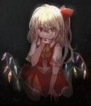  1girl ascot bangs biting_hand blonde_hair blood blood_on_face blood_on_hands bloom bow commentary_request crystal dark_background eyebrows_visible_through_hair flandre_scarlet flat_chest frilled_shirt_collar frills full_body hair_between_eyes hair_bow hand_up highres looking_at_viewer medium_hair no_hat no_headwear one_side_up petticoat pointy_ears puffy_short_sleeves puffy_sleeves red_bow red_eyes red_skirt red_vest short_sleeves simple_background sitting skirt slit_pupils solo ten_(cherry61897) touhou uneven_eyes vest wariza wings yellow_ascot 
