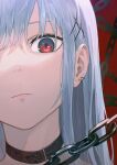  1girl absurdres black_collar chain closed_mouth collar commentary earrings hair_between_eyes hair_ornament highres jewelry long_hair looking_at_viewer original portrait red_background red_eyes shichi_(ratorin53) silver_hair solo 