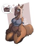 anteater anthro belly big_breasts big_butt blue_eyes bottomless breasts butt cake cherry clothed clothing clothing_lift dessert english_text female food fruit hair hands_on_legs hands_on_thighs heart_symbol hi_res kneeling long_hair mammal navel pilosan plant shirt shirt_lift signature solo speech_bubble tail text thick_thighs tirtthething topwear xenarthran