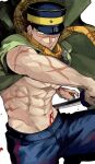  1boy abs bara blood blood_on_arm blue_pants closed_mouth cuts fighting_stance golden_kamuy hat highres holding holding_sword holding_weapon injury looking_at_viewer male_focus muscular muscular_male navel pants scar scar_on_arm scar_on_cheek scar_on_chest scar_on_face scar_on_mouth scar_on_nose scarf solo sugimoto_saichi sword tt_(tktk5610) weapon white_background yellow_eyes yellow_scarf 