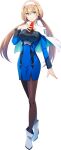  1girl bangs blue_eyes blue_skirt breasts capelet crossed_legs full_body hair_behind_ear hairband hand_on_own_chest head_tilt highres long_hair looking_at_viewer medium_breasts mitsuba_greyvalley official_art open_hand pantyhose skirt smile sogabe_shuuji solo super_robot_wars super_robot_wars_30 transparent_background twintails uniform watson_cross white_capelet white_hairband 