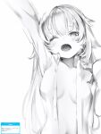  1girl akai_haato blush breasts collared_shirt greyscale hair_flaps hand_up highres hololive long_hair long_sleeves medium_breasts monochrome naked_shirt nanashi_(nlo) one_eye_closed open_clothes open_mouth open_shirt shindan_maker shirt simple_background solo tears virtual_youtuber white_background wing_collar yawning 