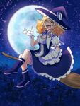  1girl :d arm_behind_back arm_up bangs black_skirt blonde_hair blush boots braid breasts broom broom_riding cleavage eyebrows_visible_through_hair fingerless_gloves frilled_skirt frills gloves hair_between_eyes hat kamono_yui kirisame_marisa long_hair looking_at_viewer moon night night_sky open_mouth puffy_short_sleeves puffy_sleeves ribbon-trimmed_sleeves ribbon_trim shirt short_sleeves skirt sky smile solo star_(sky) starry_sky touhou white_gloves white_shirt yellow_eyes 
