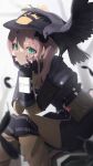  1girl absurdres apex_legends arm_guards bangs belt bird black_headwear bloodhound_(apex_legends) bloodhound_(apex_legends)_(cosplay) blue_eyes brown_hair copyright_name cosplay crow feathers hair_between_eyes hands_on_own_cheeks hands_on_own_face highres hololive knee_pads looking_at_viewer looking_to_the_side medium_hair natsuiro_matsuri shoulder_pads side_ponytail sitting solo thomas_8000 utility_belt virtual_youtuber 