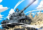  1girl action bangs blue_jacket blue_sky brown_hair cloud cloudy_sky commentary_request day girls_und_panzer grin ground_vehicle highres jacket long_sleeves military military_uniform military_vehicle motion_blur motor_vehicle nakajima_(girls_und_panzer) ooarai_military_uniform outdoors short_hair sky smile solo sun tank tiger_(p) twitter_username uniform yamakake_(tororo1293) 