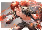  1boy abs angry bangs black_jacket black_pants clenched_teeth diluc_(genshin_impact) fire fur_trim genshin_impact gloves hair_between_eyes hair_over_one_eye highres hiiro_(coinxtossxdive) holding holding_sword holding_weapon jacket long_hair long_sleeves male_focus muscular muscular_male open_clothes open_jacket pants pectorals ponytail red_eyes red_hair scar scar_on_arm scar_on_chest shirt solo sword teeth torn_clothes torn_jacket torn_shirt vision_(genshin_impact) weapon 