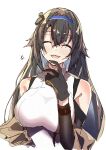  1girl absurdres anger_vein arm_warmers bangs bare_shoulders breasts closed_eyes e_sky_rugo finger_to_own_chin girls&#039;_frontline gloves hair_flaps highres large_breasts long_hair mod3_(girls&#039;_frontline) mole mole_under_eye open_mouth revision sidelocks sleeveless smile solo super_sass_(girls&#039;_frontline) very_long_hair 