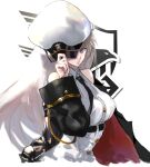  1girl azur_lane bare_shoulders black_coat black_necktie breasts coat commentary enterprise_(azur_lane) grey_hair hand_up hat_over_one_eye kdm_(ke_dama) large_breasts long_hair long_sleeves looking_at_viewer necktie one_eye_covered open_clothes open_coat parted_lips purple_eyes shirt solo upper_body white_shirt 