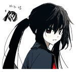 1girl black_hair brown_eyes goguma_wagamja hair_between_eyes highres k-on! long_hair nakano_azusa open_mouth portrait red_ribbon ribbon school_uniform simple_background sketch sketch_inset solo twintails upper_body white_background 