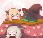  2girls :&gt; animal_ears arknights bangs blonde_hair blush brown_headwear cat_ears closed_eyes closed_mouth commentary_request eyebrows_visible_through_hair floral_background grey_hair hair_ornament hairclip hat haze_(arknights) horns kotatsu kurotofu long_hair multiple_girls originium_slug_(arknights) table under_kotatsu under_table vanilla_(arknights) witch_hat 