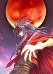  1boy black_hair cloak final_fantasy final_fantasy_vii gauntlets glowing_hands headband highres long_hair looking_at_viewer looking_down messy_hair moon outdoors red_eyes red_moon shuri_yasuyuki vincent_valentine 