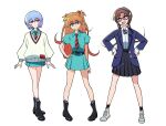  3girls :d amate_yuzuriha amate_yuzuriha_(cosplay) ankle_boots aqua_eyes aqua_shirt aqua_skirt arm_at_side arms_at_sides ayanami_rei belt black_belt black_boots black_necktie black_skirt black_socks blue_eyes blue_hair blue_hairband bolo_tie boots bright_pupils brown_hair closed_mouth collared_shirt commentary company_connection cosplay expressionless full_body glasses grey_socks gundam gundam_gquuuuuux hair_between_eyes hairband hand_on_own_hip hands_on_own_hips head_tilt highres interface_headset jacket lapels light_frown long_hair long_sleeves looking_at_another looking_at_viewer looking_to_the_side low_twintails makinami_mari_illustrious multiple_girls necktie neon_genesis_evangelion notched_lapels nyaan_(gundam_gquuuuuux) nyaan_(gundam_gquuuuuux)_(cosplay) open_clothes open_jacket open_mouth orange_hair pleated_skirt puffy_short_sleeves puffy_sleeves rebuild_of_evangelion red-framed_eyewear red_eyes red_necktie sashimi_(sasihmi) school_uniform shirt shoes short_sleeves sideways_glance simple_background skirt smile sneakers socks souryuu_asuka_langley standing striped_necktie sweater twintails two_side_up white_background white_pupils white_shirt white_sweater wing_collar yellow_shoes 