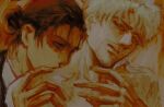 2boys amuii black_jacket blonde_hair blue_eyes brown_hair commentary english_commentary eren_yeager eye_contact facial_hair hair_bun hands_on_another&#039;s_chest head_tilt highres jacket kiss kissing_neck looking_at_another male_focus multiple_boys orange_theme parted_lips reiner_braun shingeki_no_kyojin short_hair single_hair_bun sketch teeth yaoi 