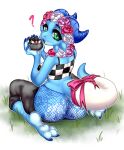 anthro avian azula_caelum_(valdusaetherius) bare_butt beak bird black_bottomwear black_clothing black_pants black_topwear blue_body blue_horn bottomwear butt checkered checkered_clothing checkered_topwear clothed clothing confusion curious digital_media_(artwork) estrildid feathers feet female feral finch flower flower_crown furgonomics grass green_eyes hi_res horn java_sparrow kobold laced_underwear legwear looking_at_viewer open_mouth oscine pants passerine pattern_clothing pattern_topwear pink_ribbon plant question_mark reptile scalie shasya simple_background sitting sitting_on_knees solo sparrow tail tail_clothing tail_sleeve tail_stocking thick_thighs topwear white_clothing white_topwear wings