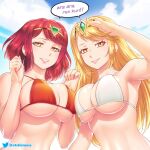  2girls ara_ara armpits asymmetrical_docking bangs bikini blonde_hair breast_press breast_squeeze breasts cleavage english_text etchimune eyebrows_behind_hair fisheye grin hands_up headpiece large_breasts lipstick long_hair looking_at_viewer makeup medium_hair micro_bikini multiple_girls mythra_(xenoblade) orange_eyes pyra_(xenoblade) red_bikini red_hair salute shiny shiny_skin sky smile speech_bubble strap_gap swept_bangs swimsuit tiara twitter_logo twitter_username underboob upper_body white_bikini xenoblade_chronicles_(series) xenoblade_chronicles_2 