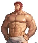  1boy abs bara beard boxer_briefs facial_hair fate/zero fate_(series) feet_out_of_frame grin ina_zuma iskandar_(fate) large_pectorals looking_at_viewer male_focus male_underwear male_underwear_pull mature_male muscular muscular_male pectorals red_eyes red_hair scar scar_on_arm smile topless_male underwear underwear_only veins white_background white_male_underwear wrinkled_skin 