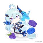  1girl :o bangs black_legwear blue_eyes blue_gloves blue_hair blueberry chibi fang food fruit full_body gloves hair_between_eyes honkai_(series) honkai_impact_3rd horns ice_cream jin2 liliya_olenyeva long_hair looking_at_viewer looking_back macaron one_eye_closed open_mouth plate simple_background single_horn smile solo tail thick_eyebrows thighhighs v white_background 