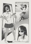  1girl bangs basketball car collared_shirt dark-skinned_female dark_skin emphasis_lines greyscale ground_vehicle hair_ornament hairclip hammer highres holding holding_hammer ijiranaide_nagatoro-san looking_up lug_wrench meme monochrome motor_vehicle nagatoro_hayase parody shirt skirt smile sunglasses tyrone 